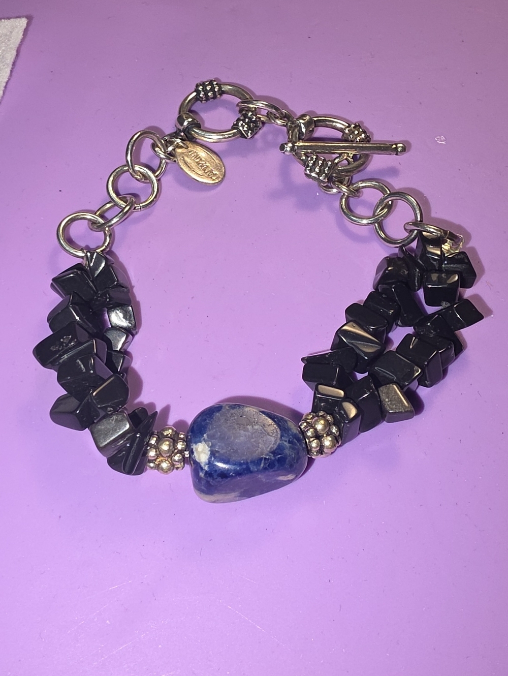Blue Stone & Black Chip Beaded Bracelet with Gold Accents
